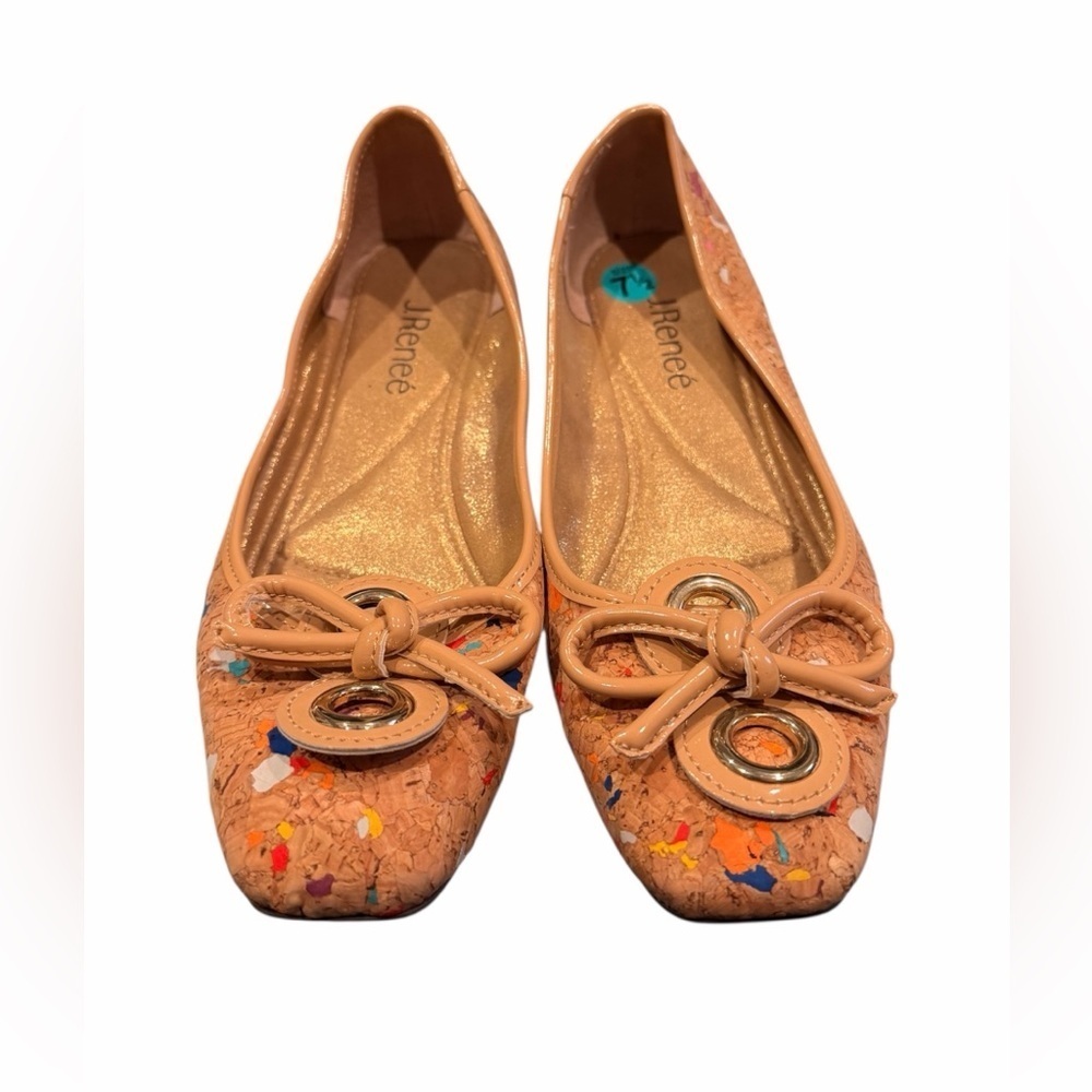 J. Renee’ Womens Hirabelle Confetti Cork Square Toe Bow Flats Size 7.5